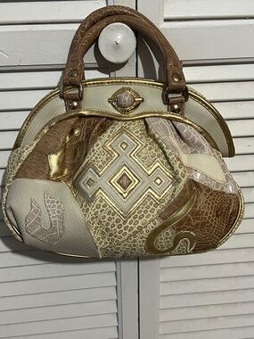 Patchwork Cream and Brown Satchel Handbag with Gold Accents